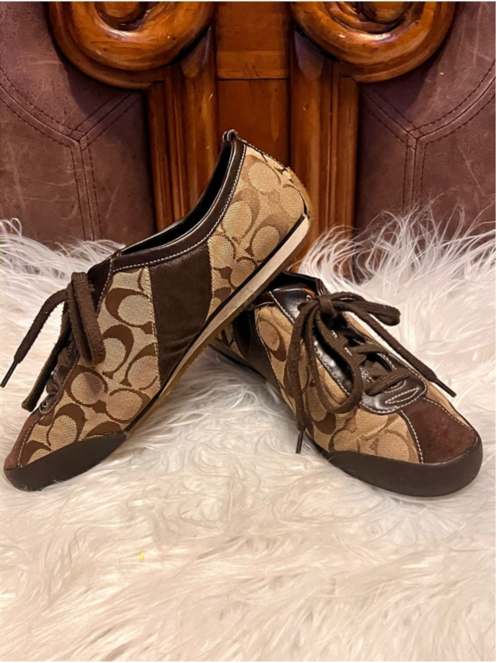 Coach Brown canvas and suede Logo-Print Lace-Up Sneakers women’s size 10M